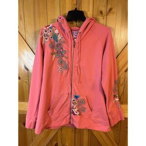 Gorgeous! VINTAGE Peacock Johnny Was Womens Embroidered Zip Up Jacket Pink Sz XL